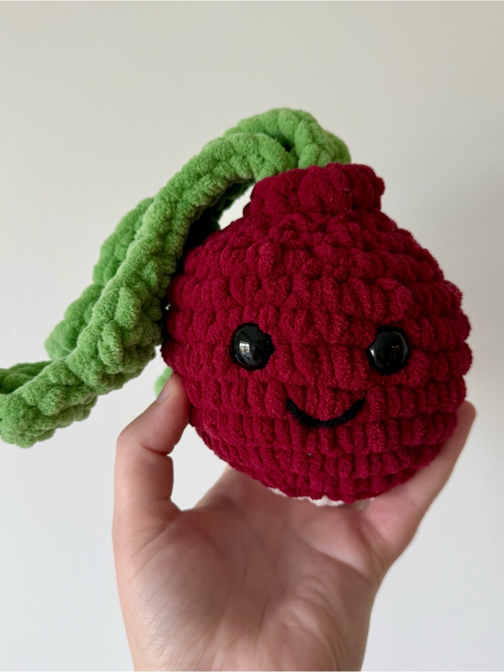 Handmade Plush Raddish Toy in Deep Red with Green Stem